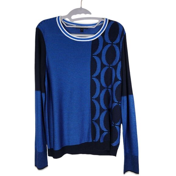 ST. JOHN Sweater Womens Medium Blue Striped Wool Cashmere Blend Knit Top - Picture 1 of 8
